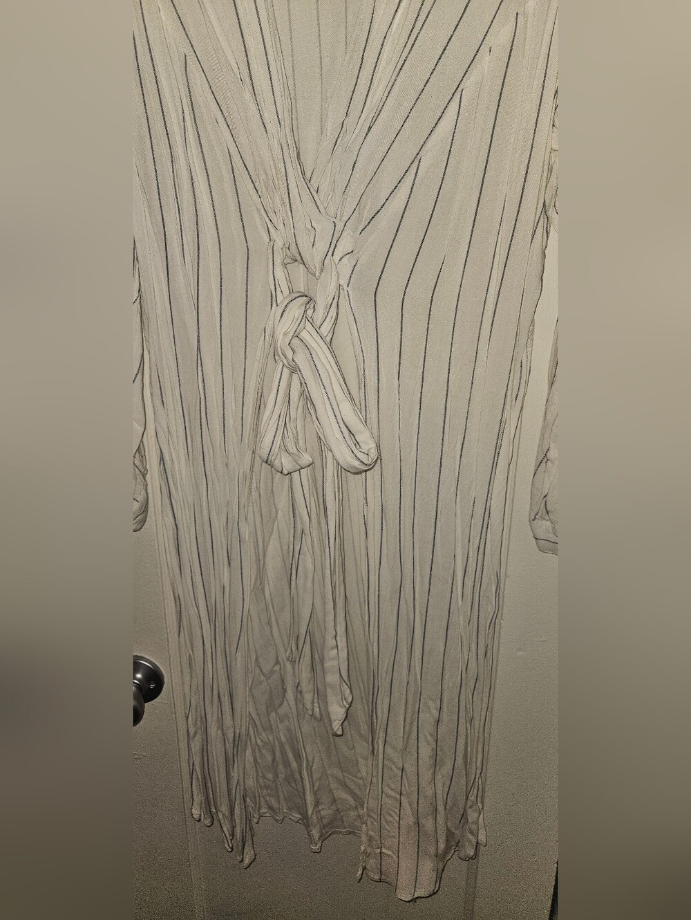 Ashley Stewart Light Beige Vertical Stripe Tie-Front Maxi Duster. Size 22